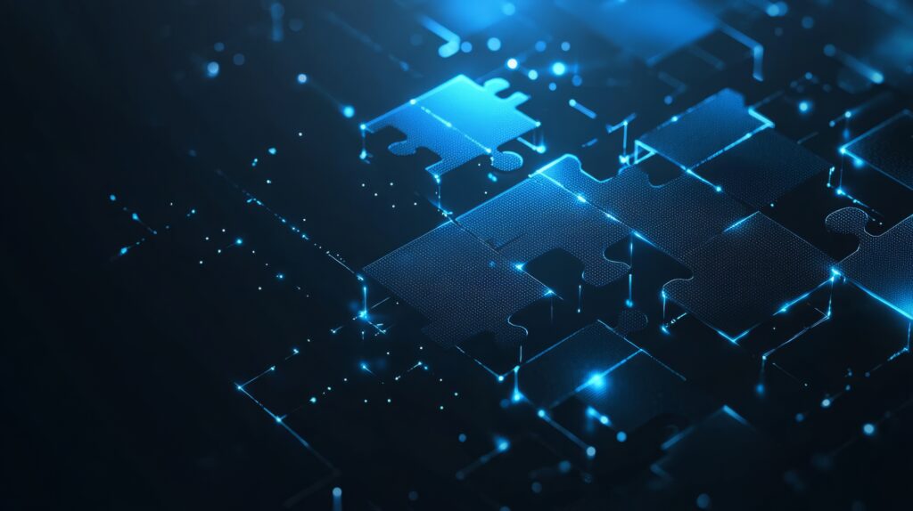 innovative technology solutions A digital illustration of glowing blue puzzle pieces interlocking on a dark background, symbolizing tech integration, with small light particles scattered throughout. IT services